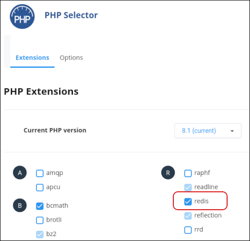 cPanel - PHP Selector - Redis extension check box