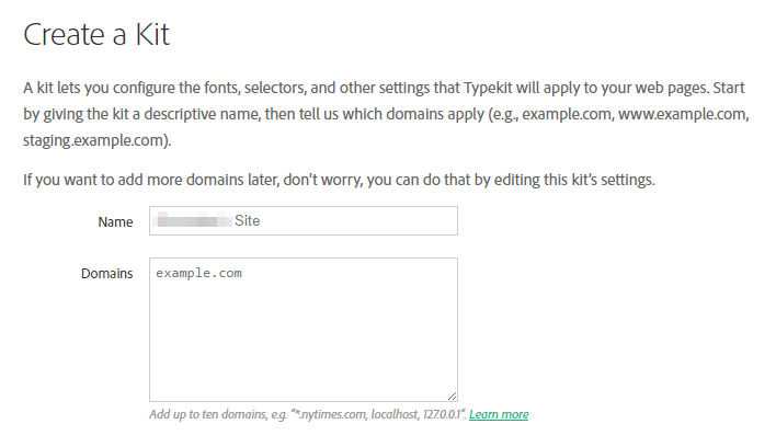 Linking your site's name and domain to your Typekit account.