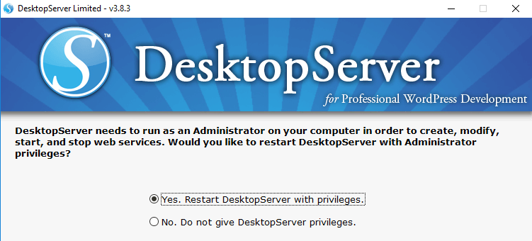 Restart DesktopServer with admin privileges.