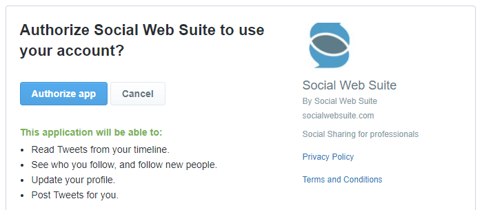 Authorizing the Social Web Suite to connect to your account.