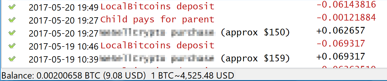 A Bitcoin wallet displaying multiple transactions.