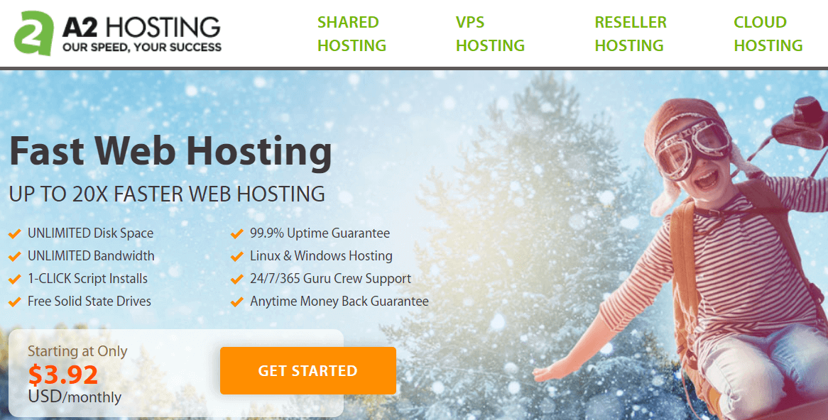 The A2 Hosting homepage.
