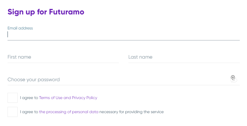 Signing up for a free Futuramo account.