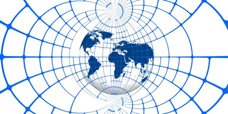 A globe overlaid with a network.