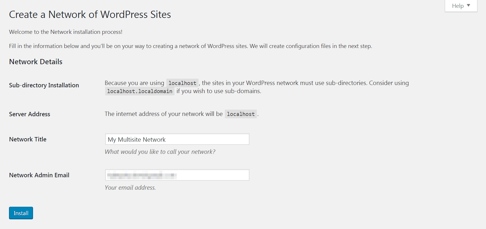 The Network Setup page in a WordPress dashboard.