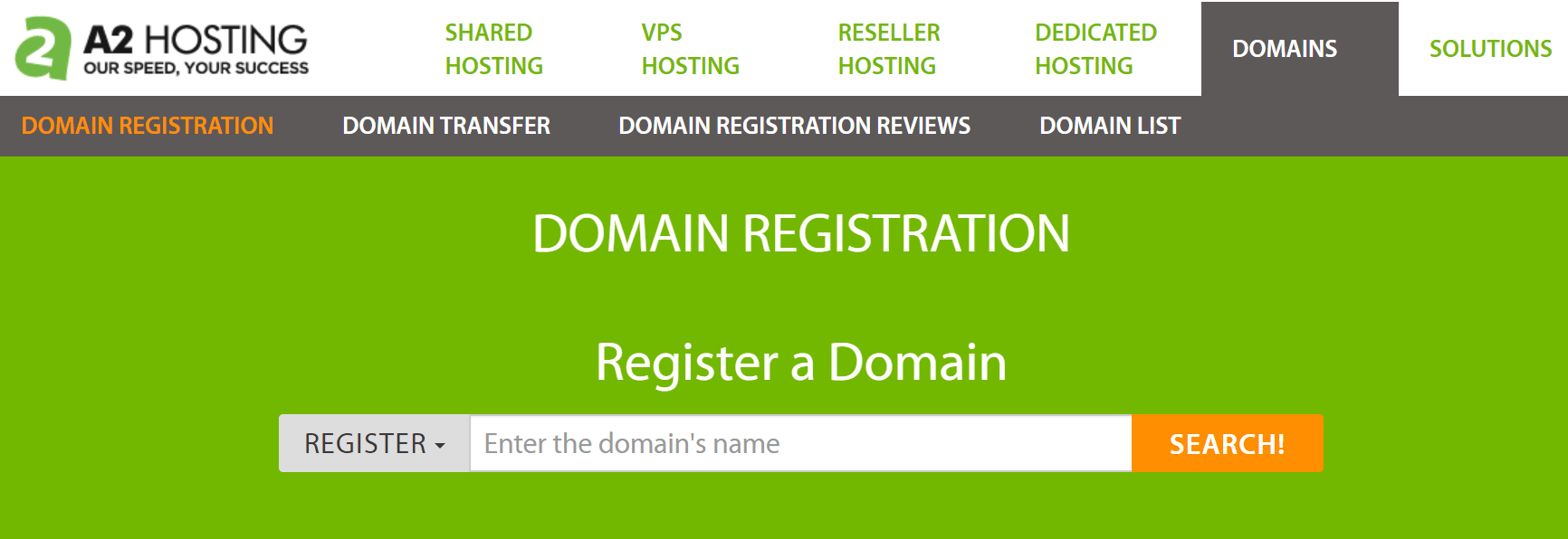 The domain name search field on A2 Hosting.