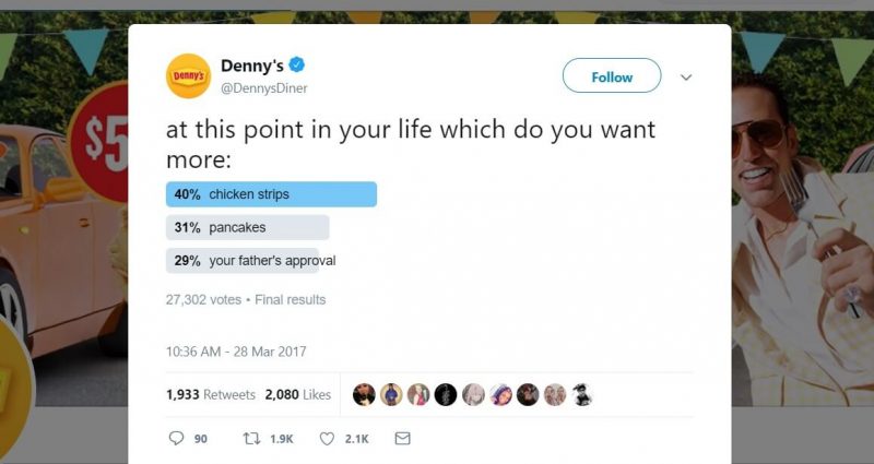 A tweet featuring a poll from the official Denny's Twitter account.