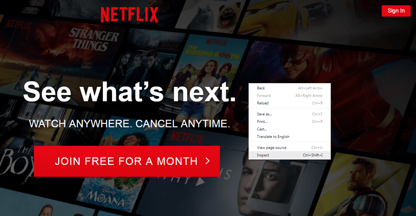 Inspecting the Netflix homepage.