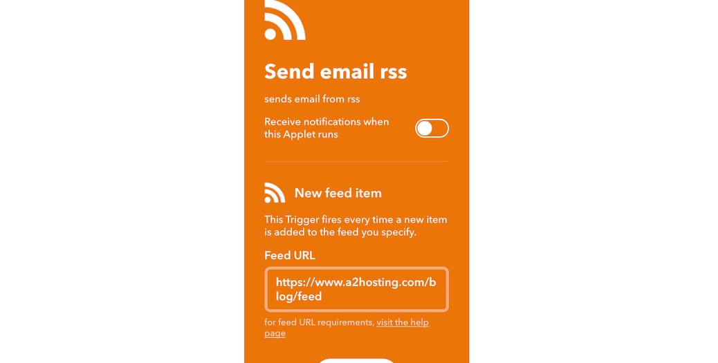 The Send email rss applet settings.