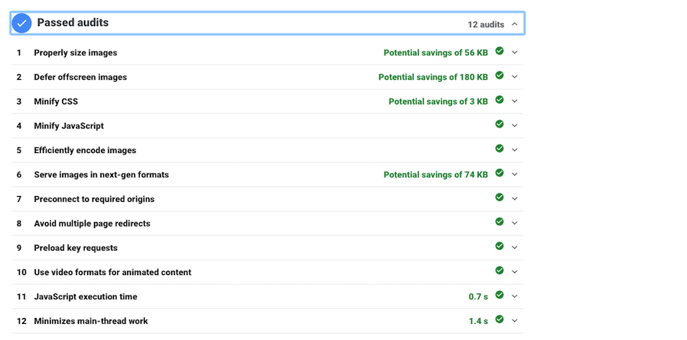 The PageSpeed passed audits section.