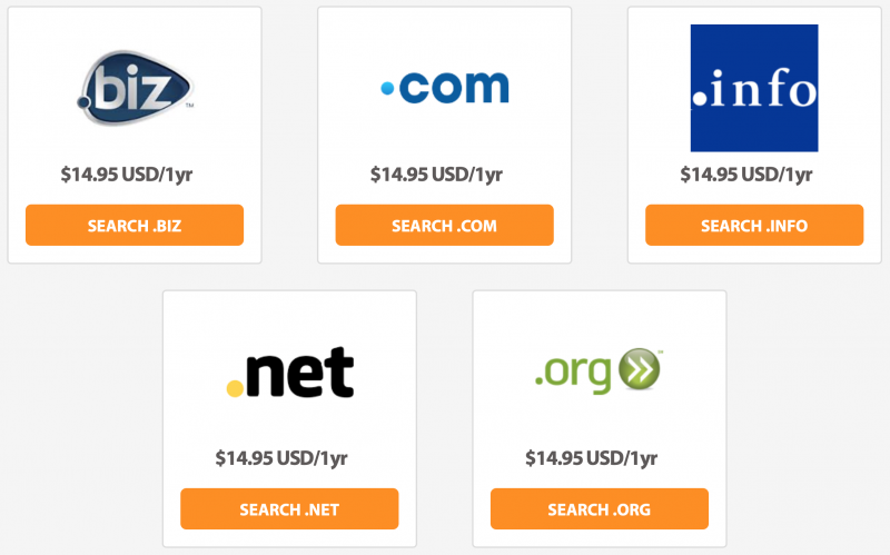 Several TLD choices at A2 Hosting with pricing details.