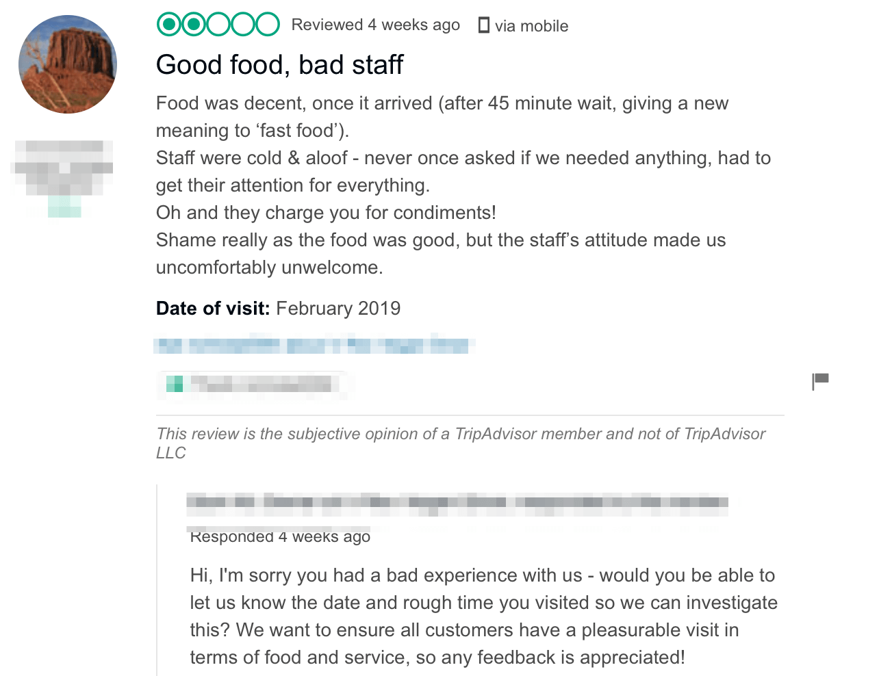 An example of a negative customer review.