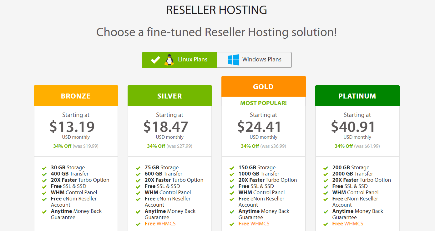 Reseller hosting plans at A2 Hosting.