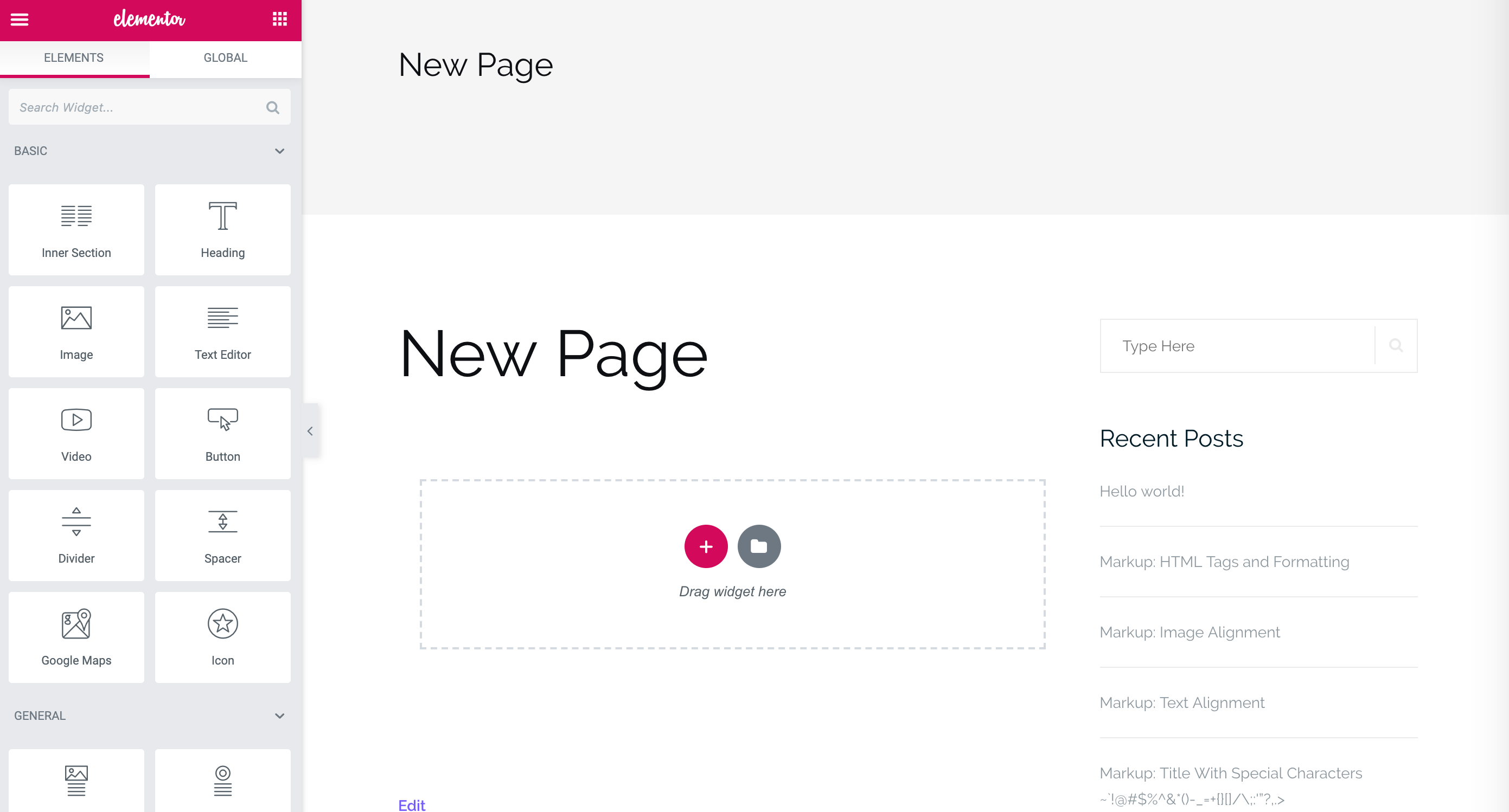 Creating a new page in Elementor.