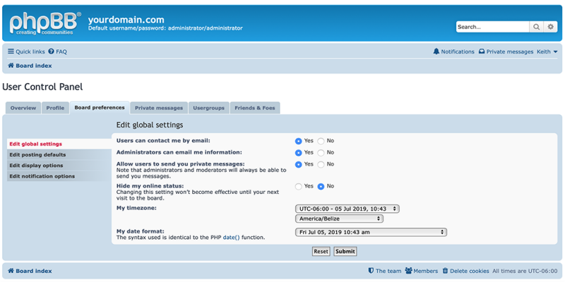 The phpBB user control panel.