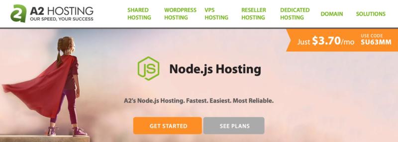 The A2 Hosting Node.js hosting page. 