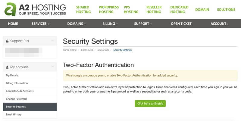 The A2 Hosting Security Settings page in the Customer Portal.