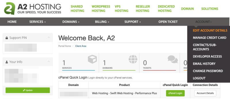 The A2 Hosting Customer Portal.