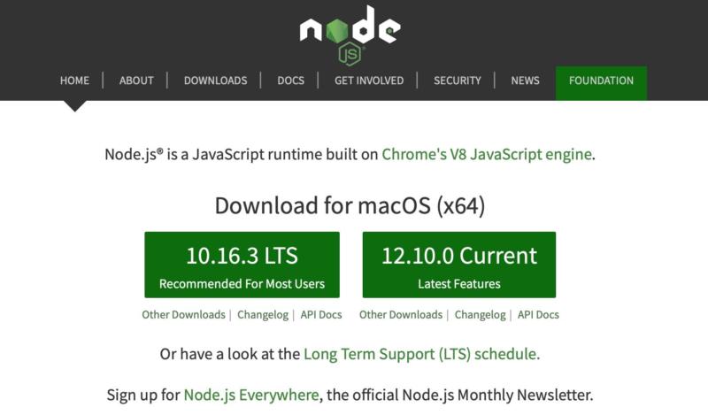 The Node.js home page. 