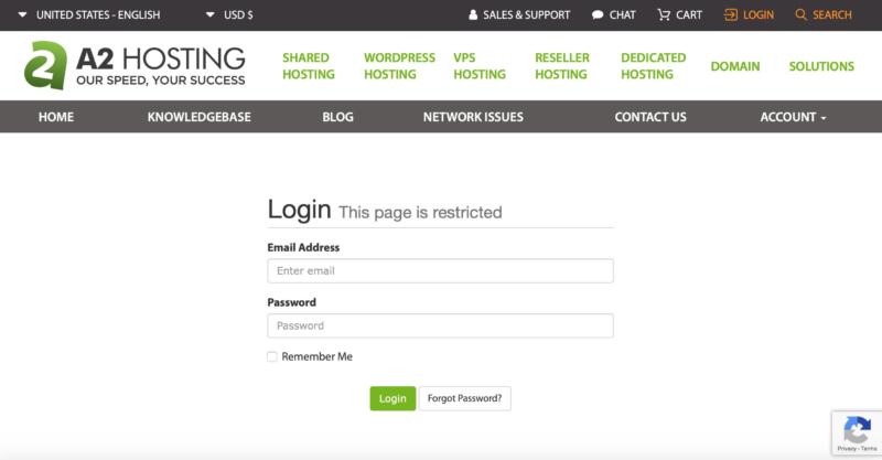 The A2 Hosting client login page.