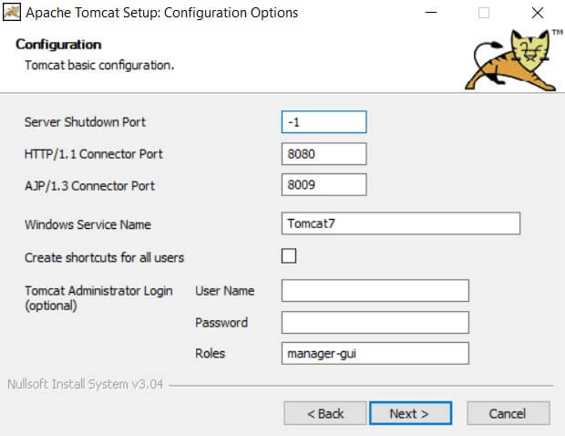 The Apache Tomcat configuration menu.