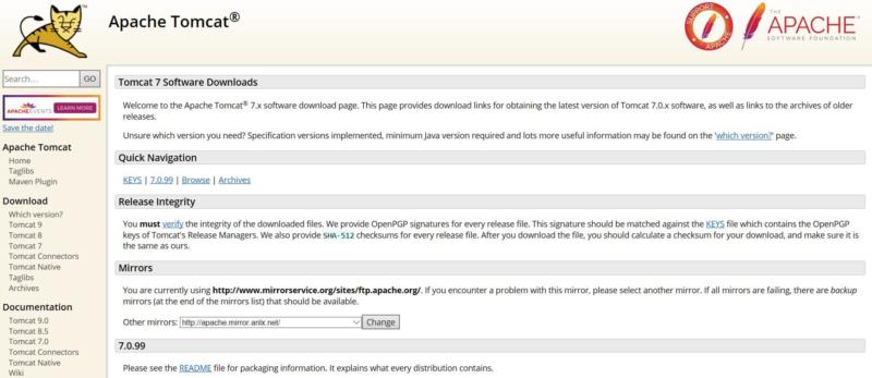 The Apache Tomcat Download page.
