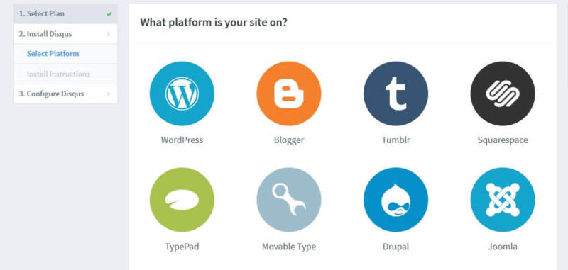 Choosing your site platform to set up your Disqus account.