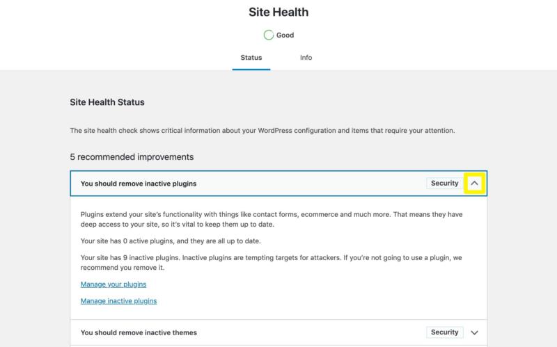 Viewing WordPress site health recommendations.