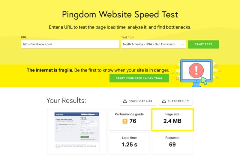 Using Pingdom Tools to determine page size.