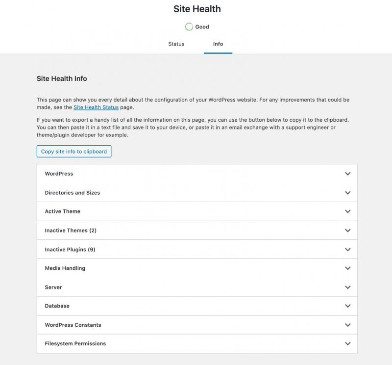 The WordPress site health info tab.