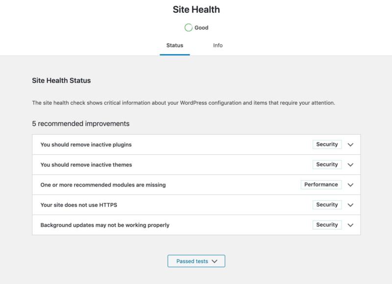 The WordPress site health status tab.