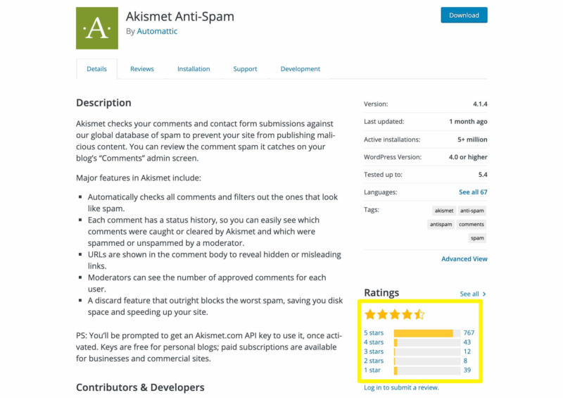 A plugin's star rating in the WordPress Directory.