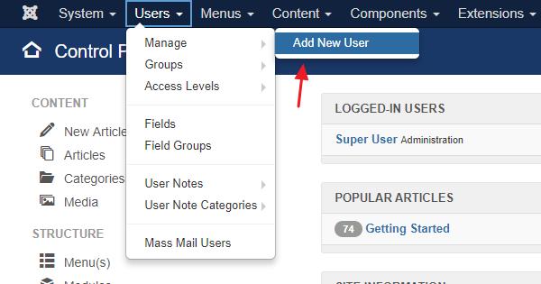 Adding a new user in Joomla!.