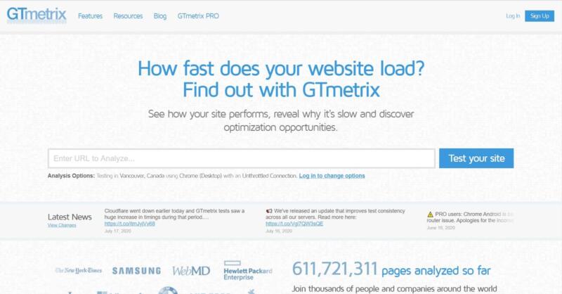 The GTmetrix home page.