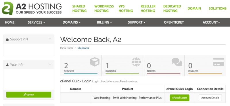 The A2 Hosting client dashboard.