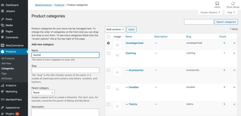 Creating product categories in WordPress.