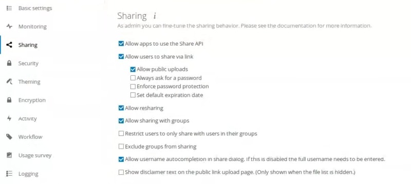 The Sharing settings within Nextcloud.