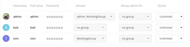 The User List within Nextcloud.