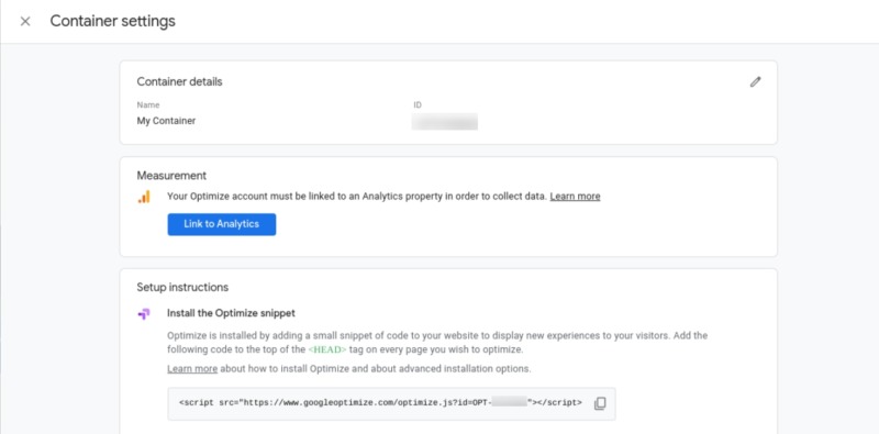 The Container ID in Google Optimize.