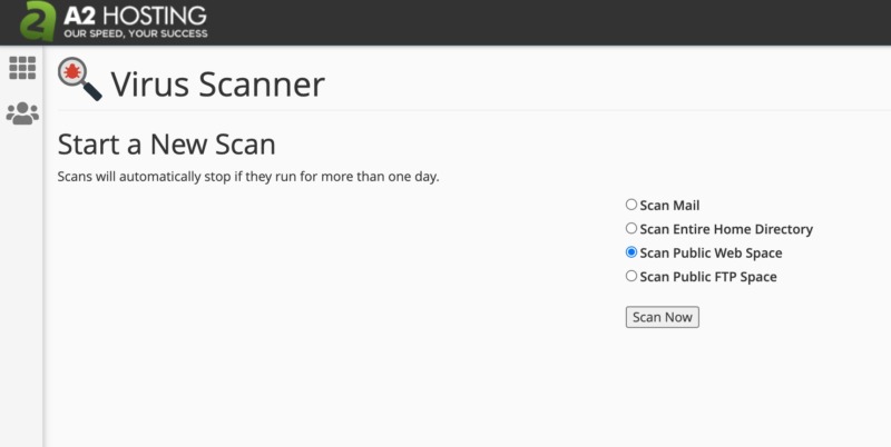 The cPanel virus scanner tool screen.