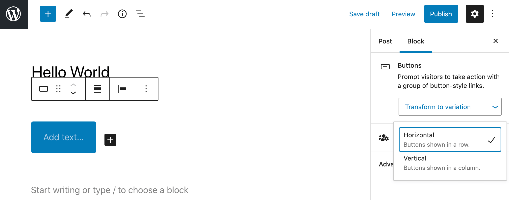 WordPress' block transformation settings.