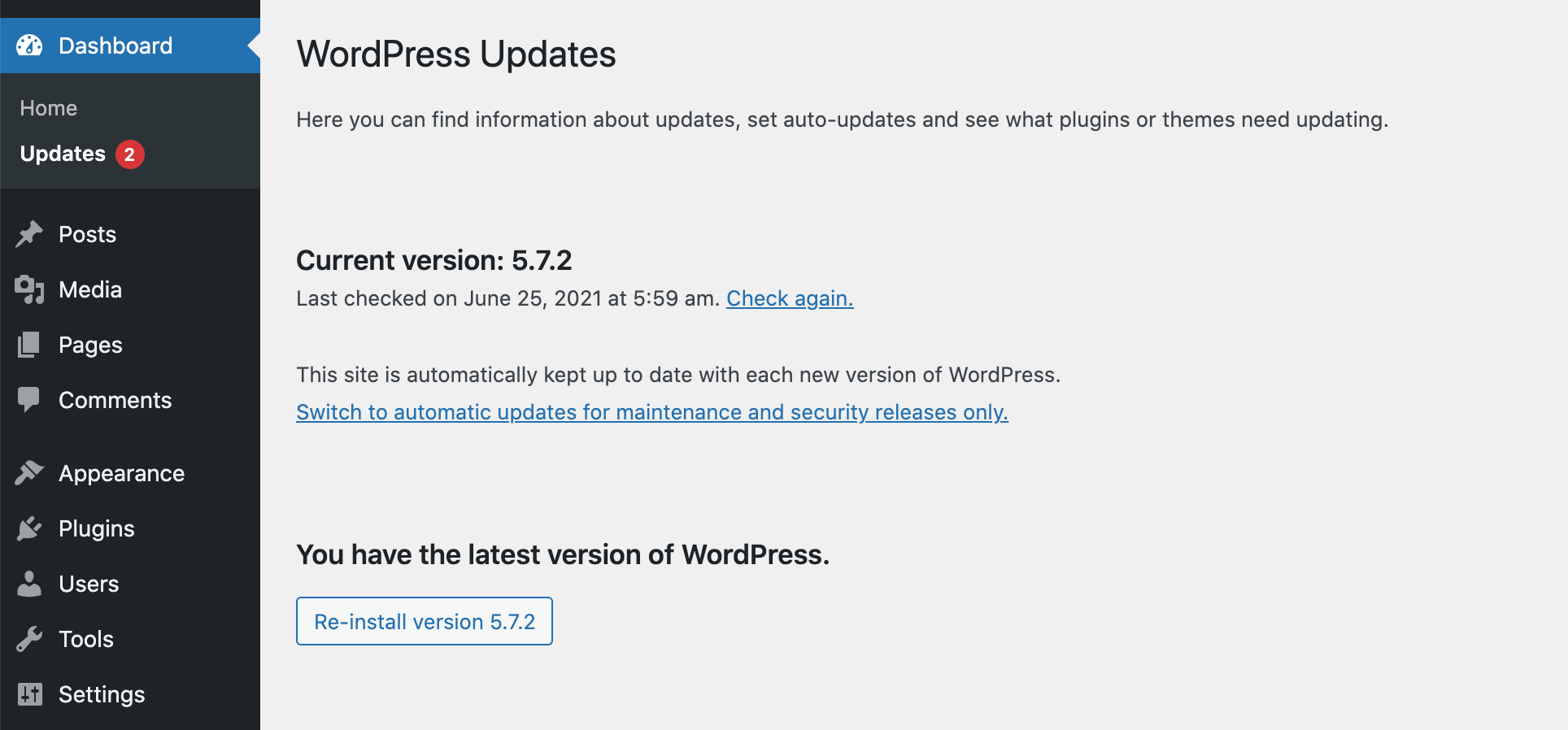 The WordPress updates dashboard.