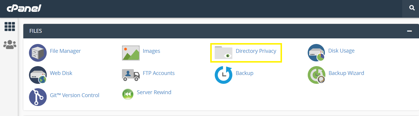 The cPanel dashboard with the Directory Privacy icon highlighted