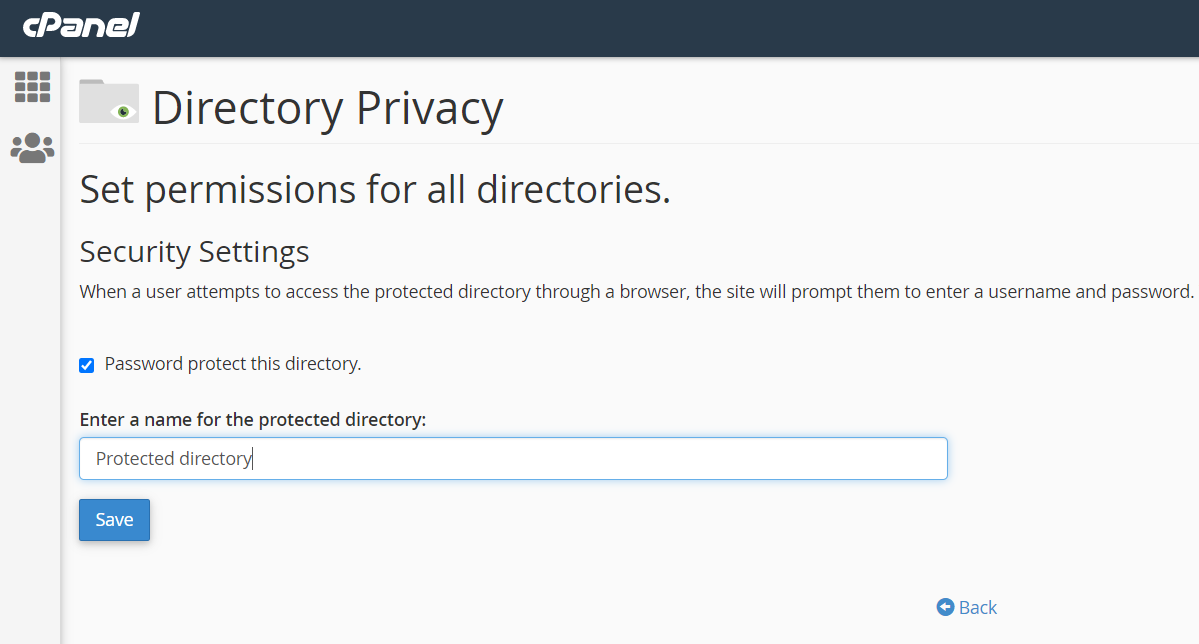 The directory privacy permissions interface showing a textbox where the user can enter a name for the protected directory