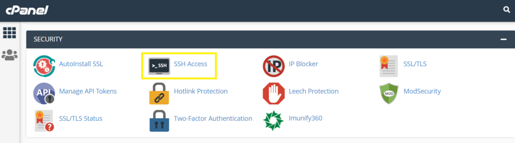 A screenshot of how to access SSH in cPanel
