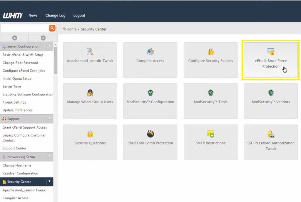A screenshot of where to find WHM CPHulk protection in cPanel