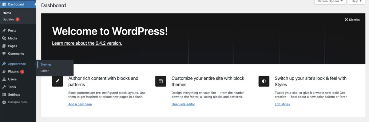 Screenshot of WordPress showing how to navigate to the themes section.