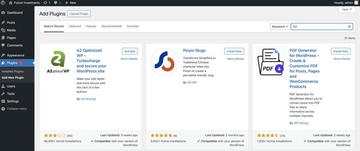 WordPress screenshot showing the plugins section.