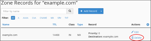 cPanel - Zone Editor - Delete record