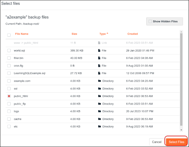 JetBackup - Dashboard - Home Directory - Select Files button